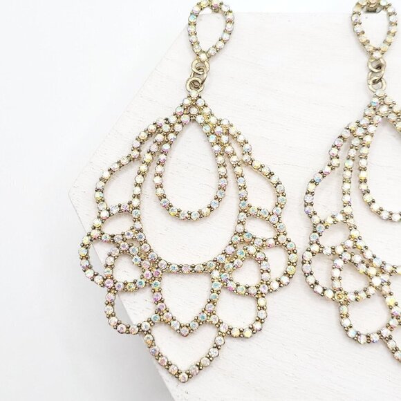 Large AB Rhinestone Drop Dangle Earrings 3.5" Modern Pierced Sparkle Bling EUC - Picture 4 of 8